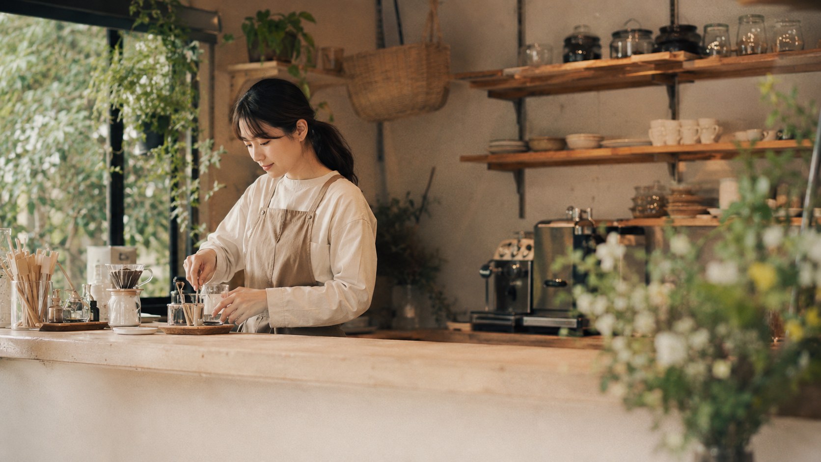 採用ショート動画の一場面：朝のカフェで開店準備をするスタッフ